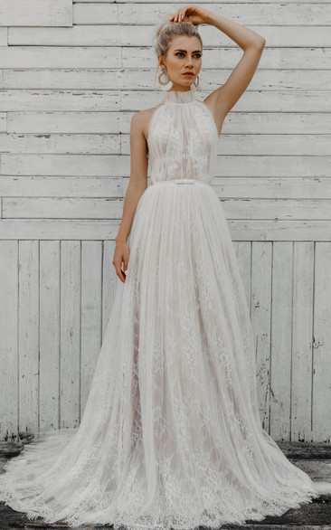 Bohemian A-Line Tulle Wedding Dress With Halter Neckline And Illusion Back 