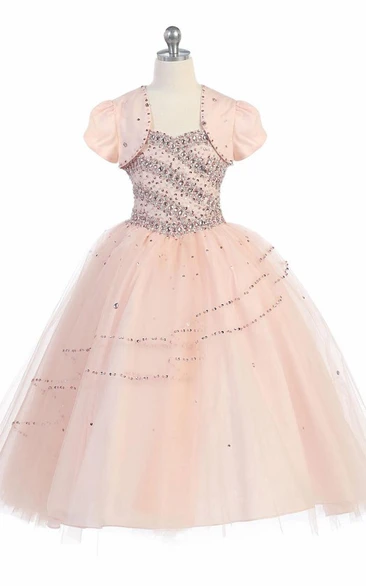 Bolero Beaded Tiered Tulle&Lace Flower Girl Dress