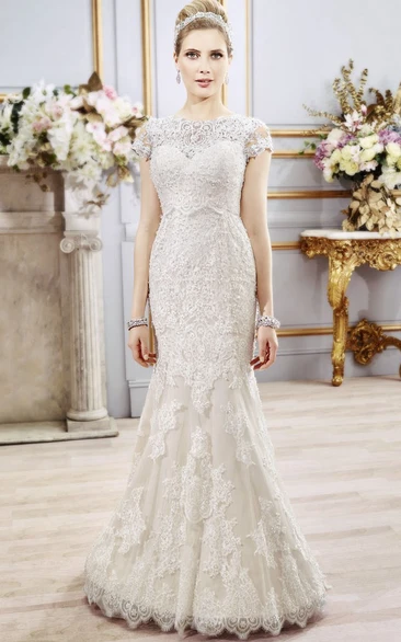 Mermaid Cap-Sleeve High Neck Lace Wedding Dress With Illusion