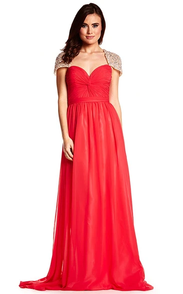 A-Line Cap-Sleeve Sweetheart Maxi Criss-Cross Chiffon Prom Dress With Keyhole Back And Beading
