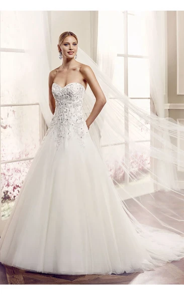 A-Line Maxi Sweetheart Sleeveless Beaded Tulle Wedding Dress