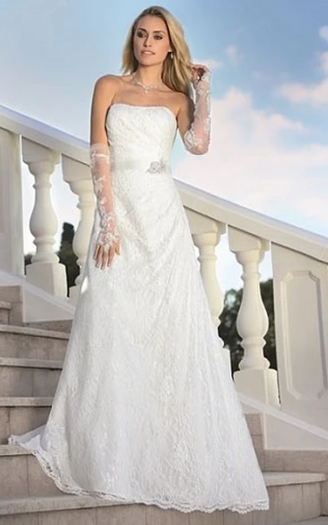 A-Line Strapless Lace Wedding Dress With Side Draping