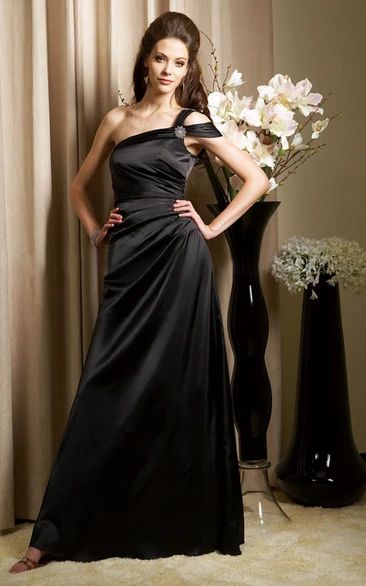 One-Shoulder Long Taffeta Gown With Brooch And Ruches