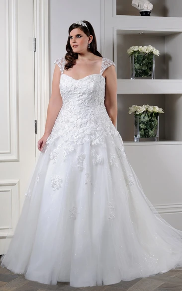 Lace Caped-Sleeve Tulle A-Line Gown With Corset Back