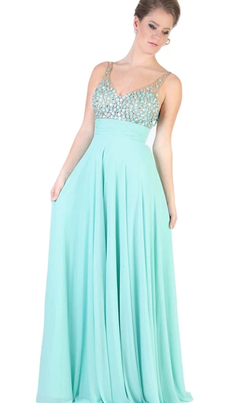 A-Line Sleeveless V-Neck Floor-Length Crystal Chiffon Evening Dress With Pleats