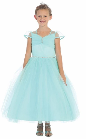 Ankle-Length Illusion Ruched Tiered Tulle Flower Girl Dress With Ribbon
