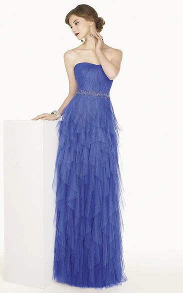 Strapless Tiered Tulle Long Prom Dress With Crystal Waist