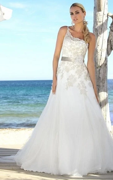 A-Line One-Shoulder Sleeveless Tulle&Lace Wedding Dress