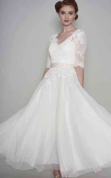 Simple Lace and Organza A-line Button Back Half Sleeve Wedding Dress
