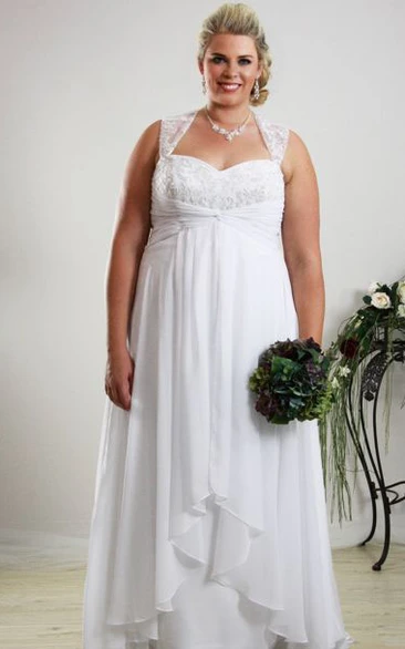 Floor-Length Sleeveless Queen Anne Draped Chiffon Plus Size Wedding Dress With Appliques