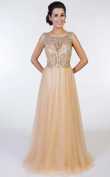 A line scoop outlet neck prom dress