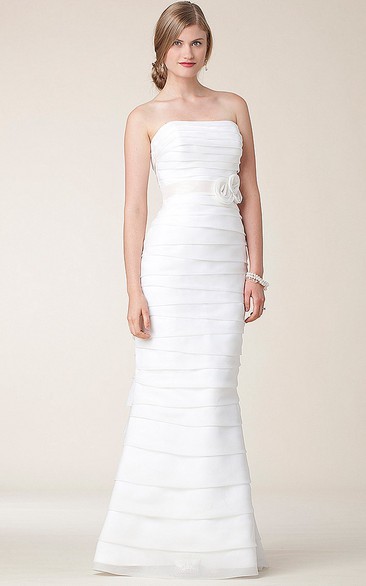 Sheath Sleeveless Strapless Maxi Ruched Satin Wedding Dress With Tiers And Bow