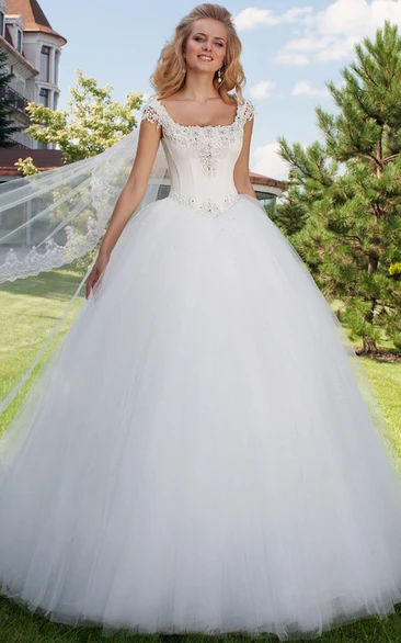 Long Square Beaded Cap-Sleeve Tulle Wedding Dress With Sweep Train And Corset Back