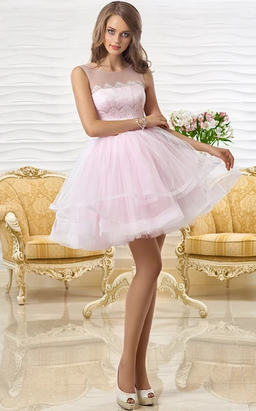 A Line Lace Short Mini Sleeveless Scoop Neck Tulle Prom Dress With Tiers