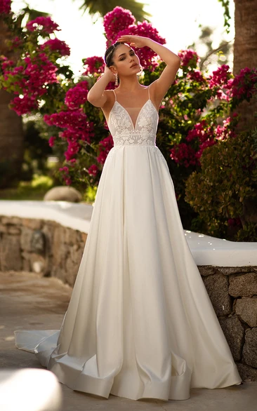 A-Line Satin Plunging V-neck Straps Sexy Wedding Dress with Chapel Train