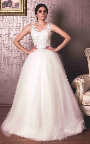 A-Line Appliqued Sleeveless V-Neck Long Tulle Wedding Dress