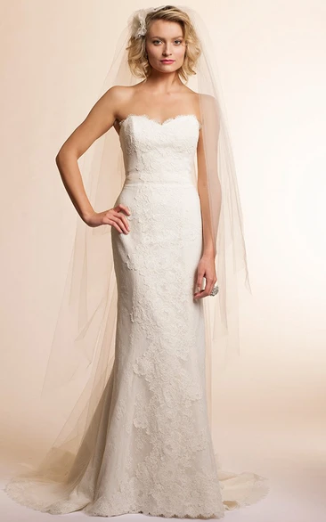 Sheath Sweetheart Appliqued Lace Wedding Dress With Bow And Deep-V Back