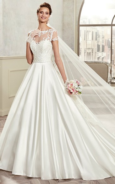 Jewel-Neck A-Line Bridal Gown With T-Shirt Sleeves And Pleated Satin Wedding Dress