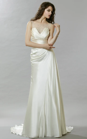 Sheath Maxi Beaded Sleeveless Scoop Satin Wedding Dress With Side Draping