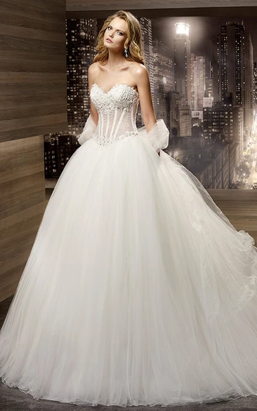 Sweetheart A-Line Bridal Gown With Lace Illusion Corset And Brush Train