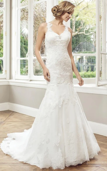 Sheath Maxi Appliqued Sleeveless V-Neck Lace Wedding Dress With Court Train And Backless Style