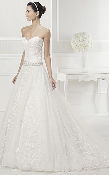 Sweetheart Beading Waist Lace Gown With Removable Lace 3-4-Sleeve Jacket