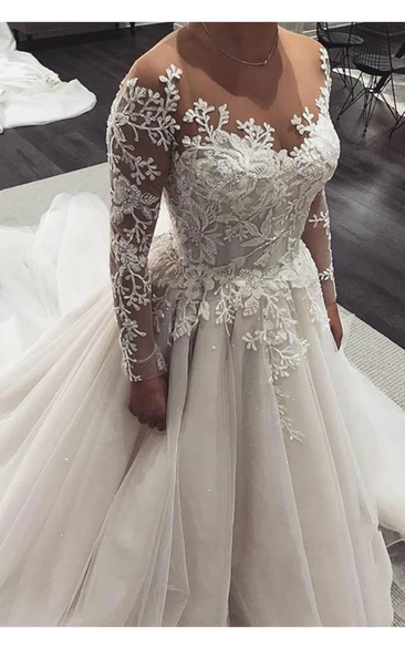 Elegant Corset Back A-Line Tulle Wedding Dress With Fancy Appliques & Court Train