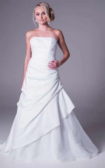 A-Line Sleeveless Draped Strapless Floor-Length Satin&Tulle Wedding Dress