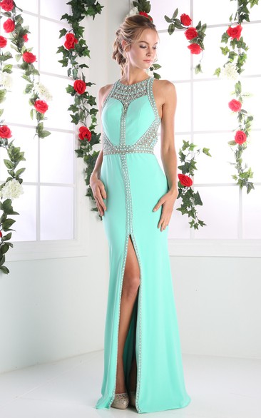 Sheath Long Jewel-Neck Sleeveless Jersey Straps Dress With Split Front And Beading