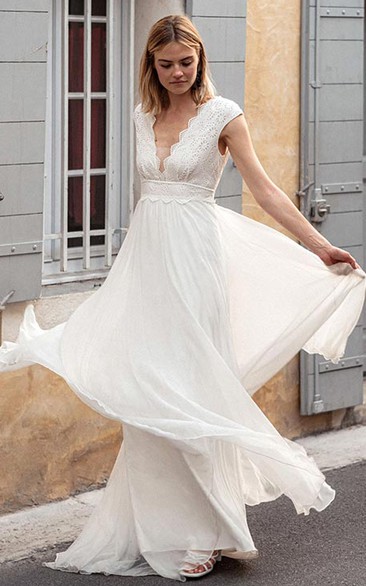 Boho A Line V-neck Chiffon Lace Short Sleeve Wedding Dress with Low-V Back