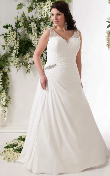 A-Line V-Neck Draped Sleeveless Chiffon Plus Size Wedding Dress With Beading And Broach