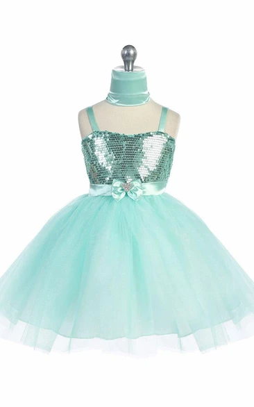 Knee-Length Cape Tiered Beaded Tulle&Sequins Flower Girl Dress With Sash