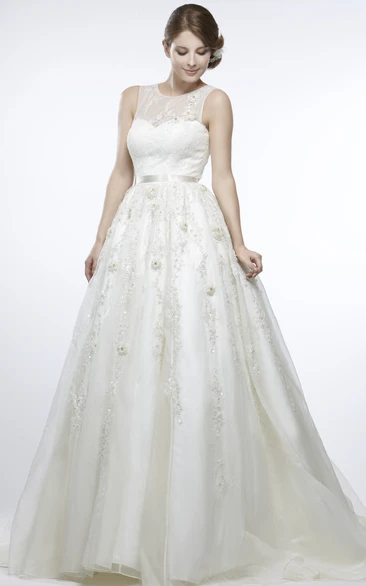 Scoop Long Floral Appliqued Tulle Wedding Dress With Court Train And Illusion