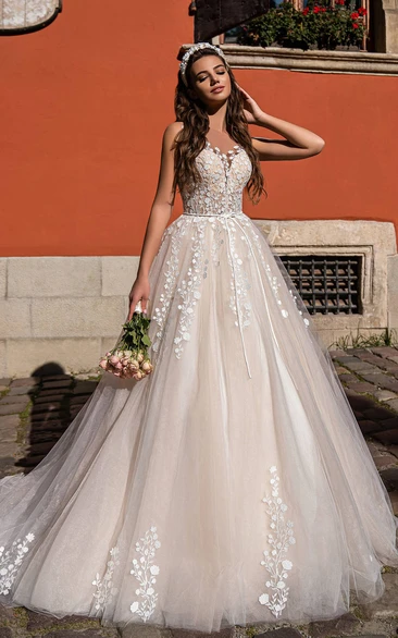 Modern Bateau Neck Ball Gown Tulle Wedding Dress With Open Back And Appliques