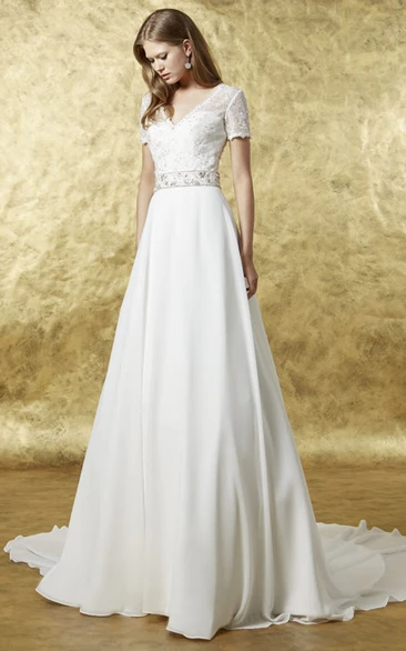 A-Line Maxi Lace V-Neck Short Sleeve Chiffon Wedding Dress