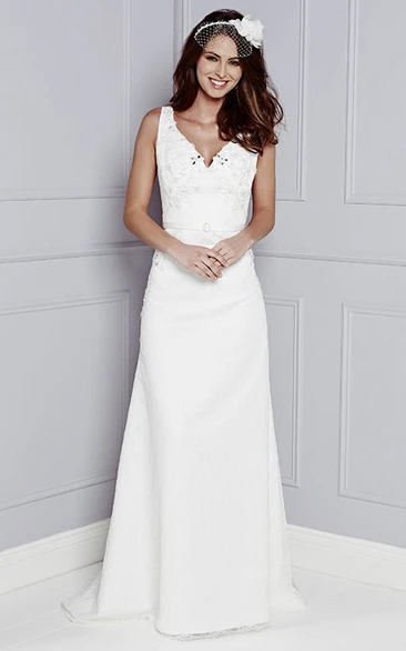 Sheath V-Neck Floor-Length Sleeveless Appliqued Wedding Dress With Beading