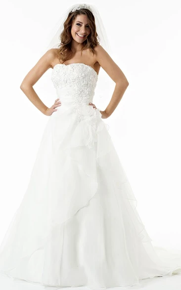 A-Line Sleeveless Floor-Length Appliqued Strapless Satin Wedding Dress With Flower