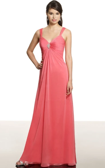 Empire Ruched Strapped Sleeveless Chiffon Bridesmaid Dress With Broach