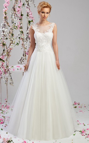 A-Line Scoop-Neck Sleeveless Appliqued Floor-Length Tulle Wedding Dress With Pleats