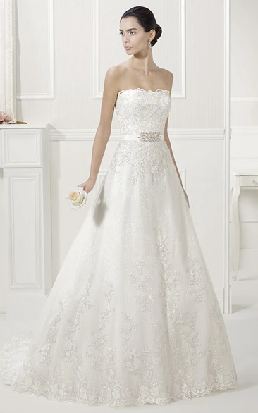 Strapless Lace Bridal Gown With Removable Long-Sleeve Jacket