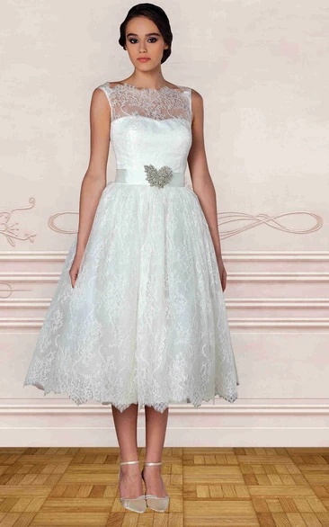 Tea-Length Bateau Jeweled Lace Wedding Dress With Ribbon And Illusion