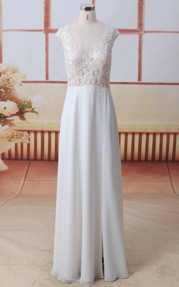 Cap Sleeve A-line Wedding Dress In Scoop Neck Front Split Lace Chiffon With Illusion Button Back
