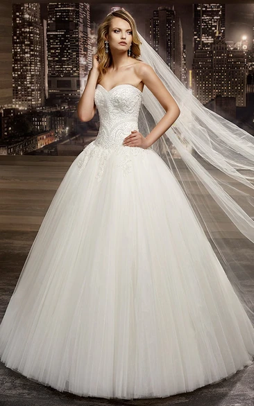 Sweetheart Appliqued Wedding Gown with Puffy Skirt and Beaded Corset