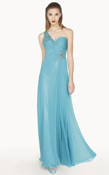 One Shoulder A-Line Chiffon Long Prom Dress With Crystal And Back Keyhole