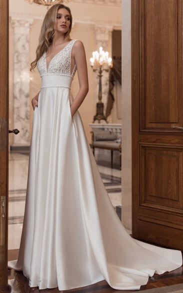 Gorgeous A-Line V-neck Court Train Satin Wedding Dress with Pockets