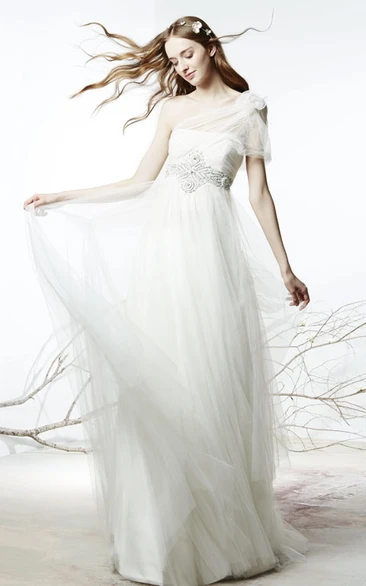 One Shoulder Empire Waist Tea Length Wedding Dress