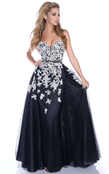 A-Line Sweetheart Sleeveless Tulle Prom Dress With Jeweled Appliques And Waistband