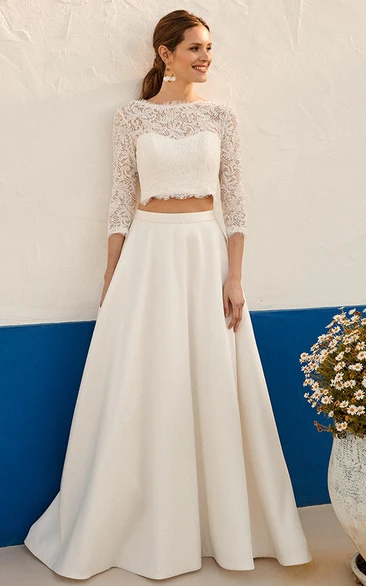 Casual Satin Two Piece Floor-length 3/4 Length Sleeve Jewel Wedding Dress with Ruching