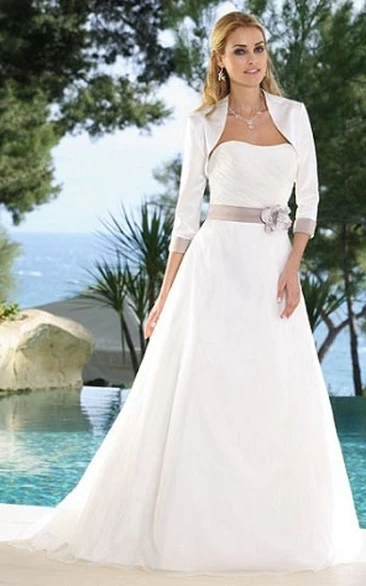 Floor-Length Strapless Floral Satin Wedding Dress With Ruching And Cape