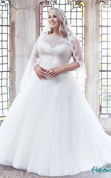 Ball Gown Scoop-Neck Sleeveless Long Tulle Plus Size Wedding Dress With Appliques And Brush Train